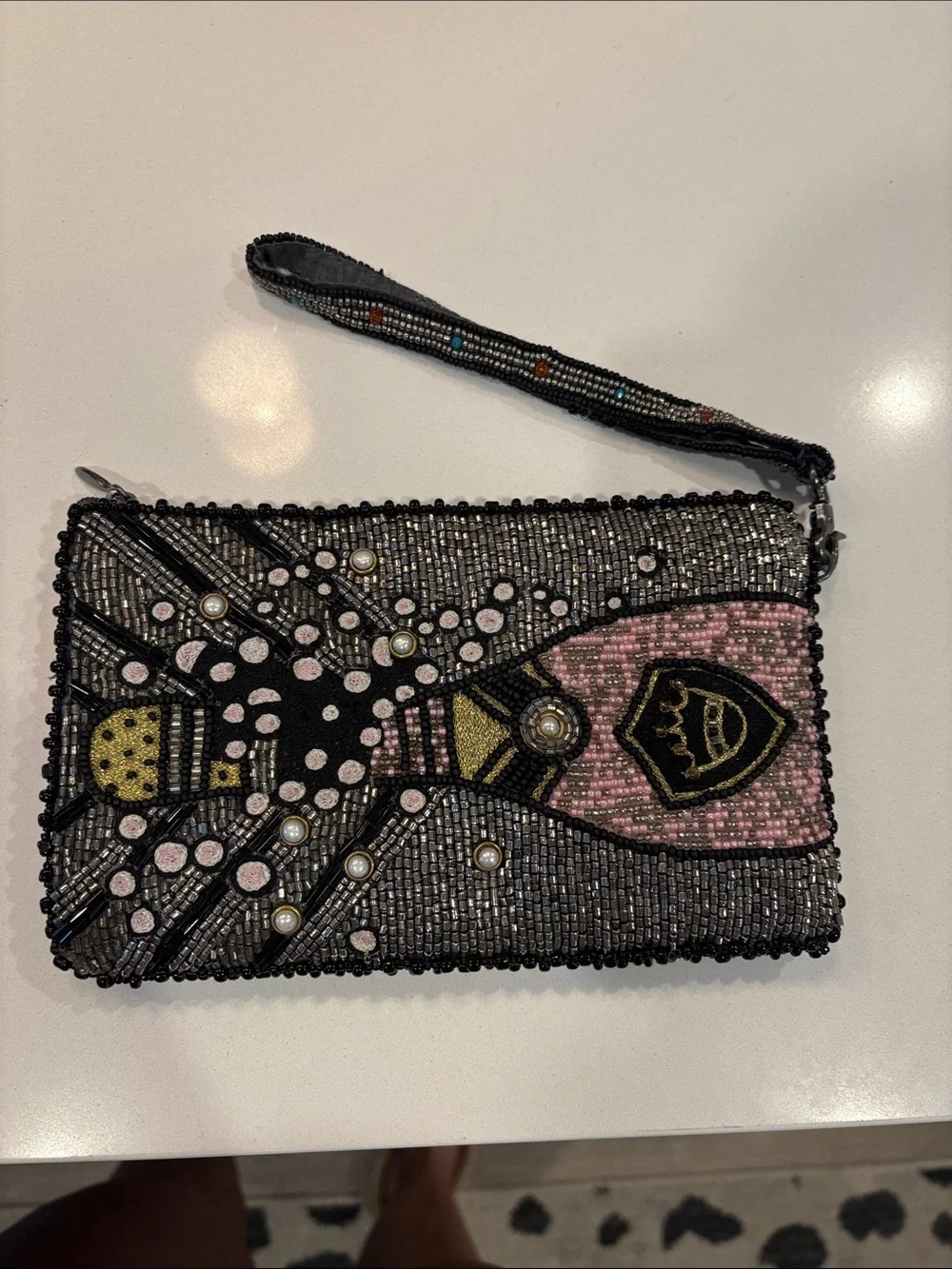 Mary Frances Beaded Sugar Skull Crossbody Clutch Black with Pink Floral Accents - Picture 5 of 9
